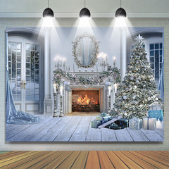 Lofaris Christmas Tree Gifts White Wood Fireplace Backdrop