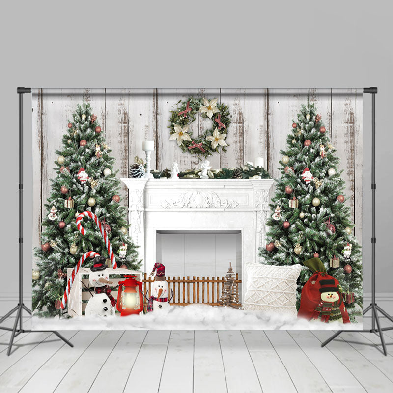 Lofaris Christmas Tree Wreath Snowman Fireplace Backdrop