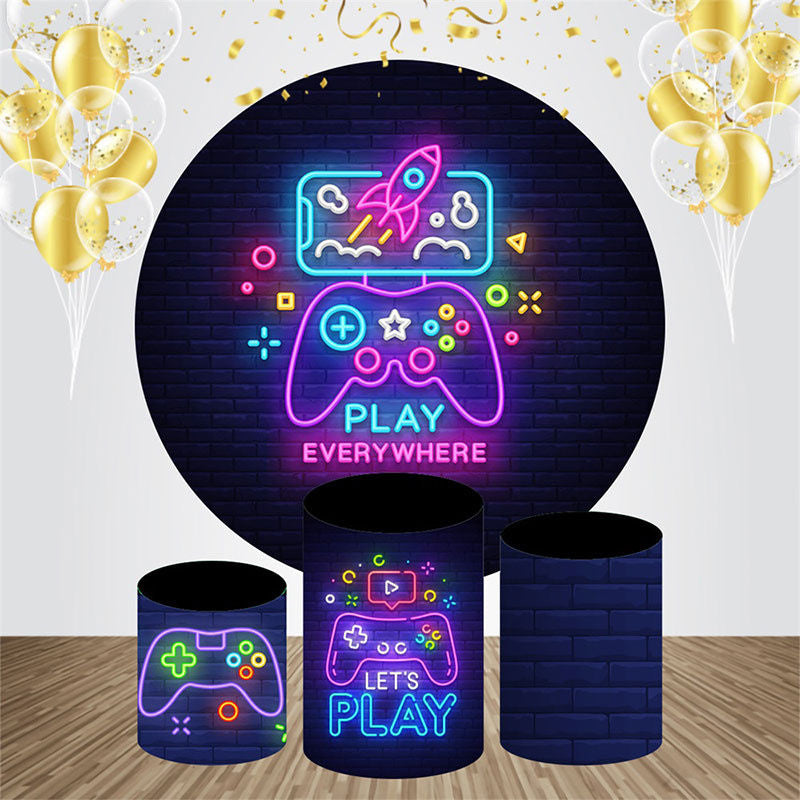 Lofaris Circle Brick Wall Neon Games Birthday Backdrop Kit