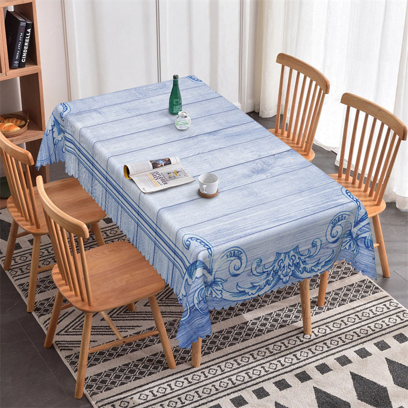 Lofaris Classical Blue Floral Wood Rectangle Tablecloth