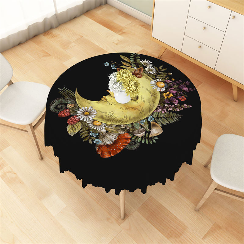 Lofaris Classy Black Moon Floral Pattern Round Tablecloth