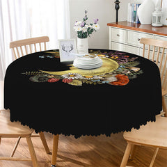 Lofaris Classy Black Moon Floral Pattern Round Tablecloth