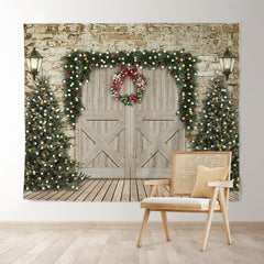 Lofaris Christmas Tree and Wooden Door Party Backdrop