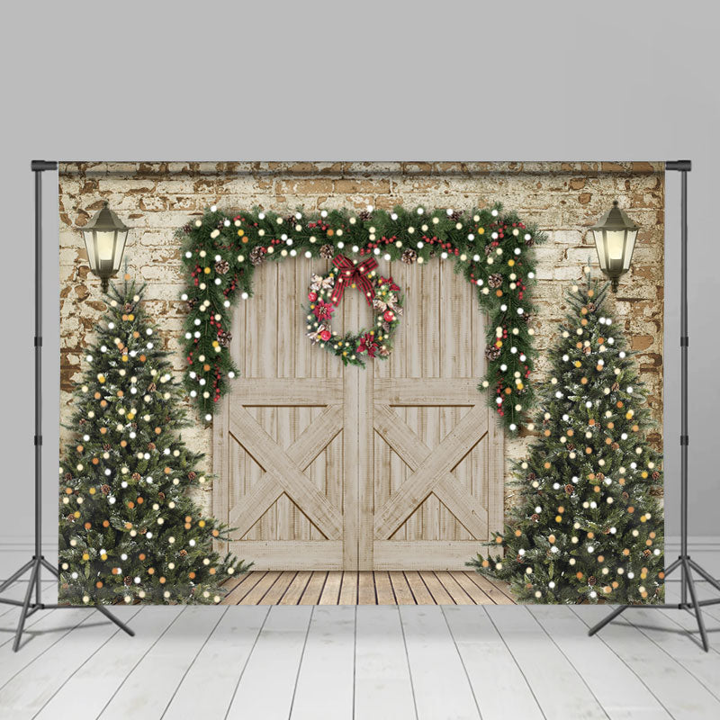 Lofaris Christmas Tree and Wooden Door Party Backdrop