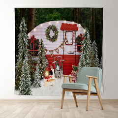 Lofaris Snow Forest Merry Christmas Tree Red Bus Scene Party Backdrop