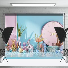 Lofaris Clock Blue Wall Cute Rabbit Trinkets Easter Backdrop