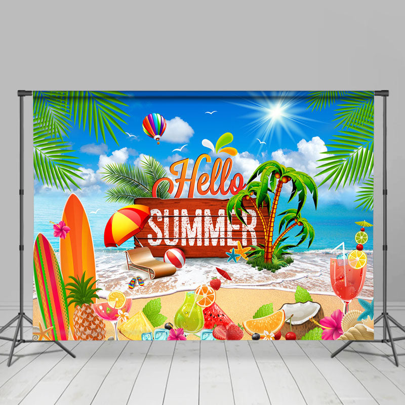 Lofaris Coconut Tree Beach Fruits Hello Summer Backdrop