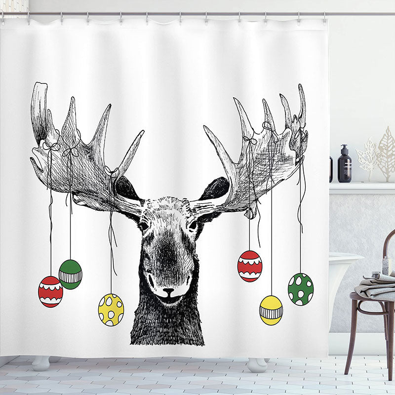 Lofaris Colored Ball Black Line Elk Christmas Shower Curtain