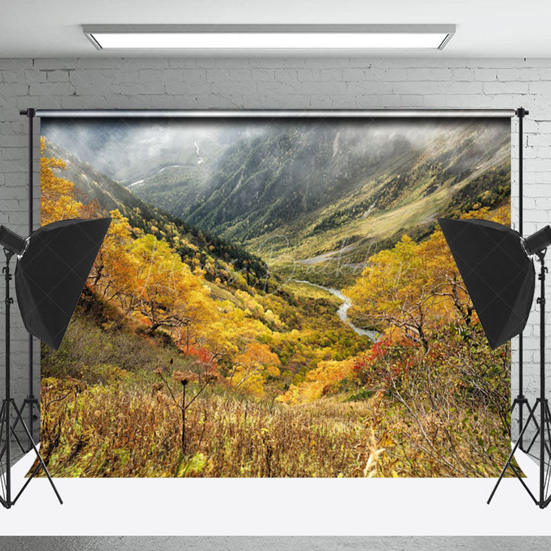 Lofaris Colorful Autumn Valley Shrouded In Mist Backdrop