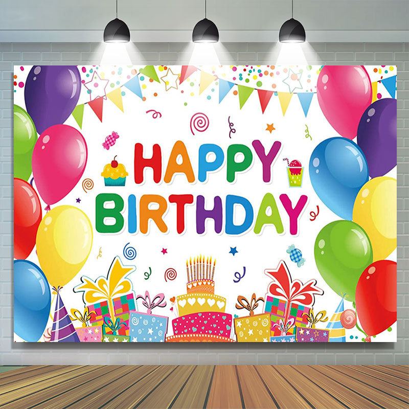 Lofaris Colorful Balloons Gift Cake White Birthday Backdrop