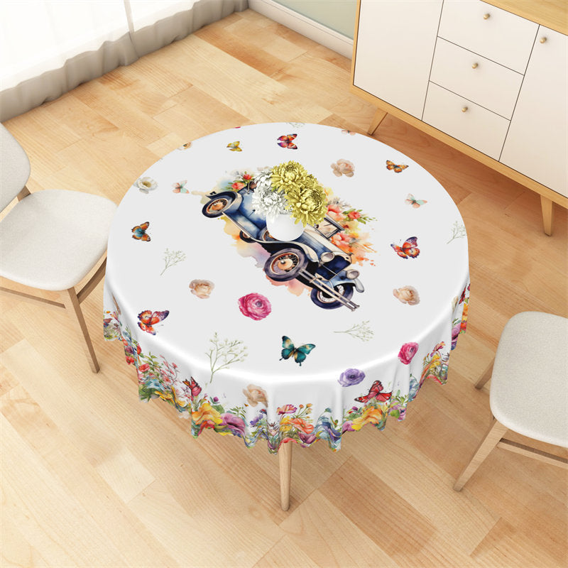 Lofaris Colorful Butterfly Flower Truck Round Tablecloth