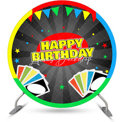 Lofaris Colorful Cards Stripe Round Happy Birthday Backdrop