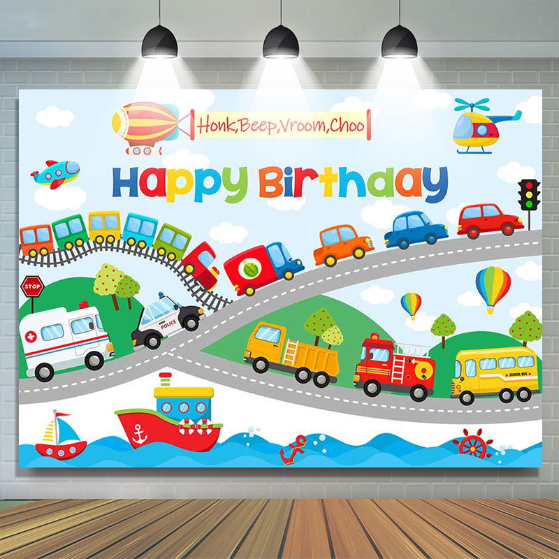 Lofaris Colorful Cars Shipping Road Happy Birthday Backdrop