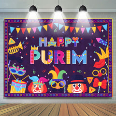 Lofaris Colorful Clown Purple Happy Purim Party Backdrop