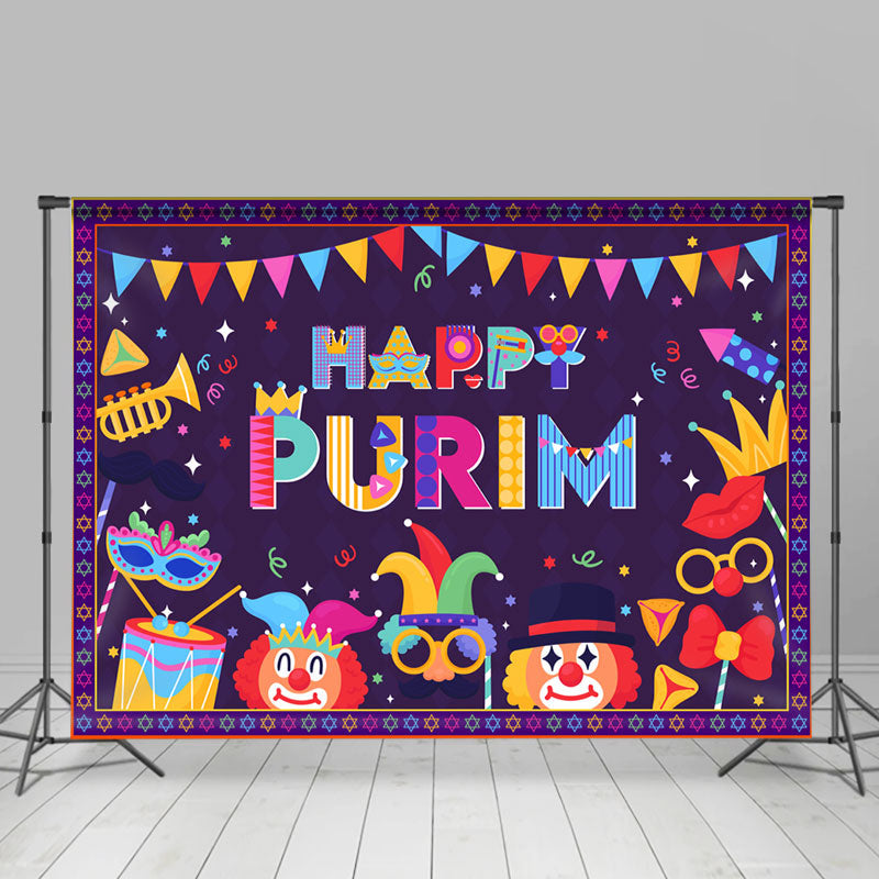 Lofaris Colorful Clown Purple Happy Purim Party Backdrop