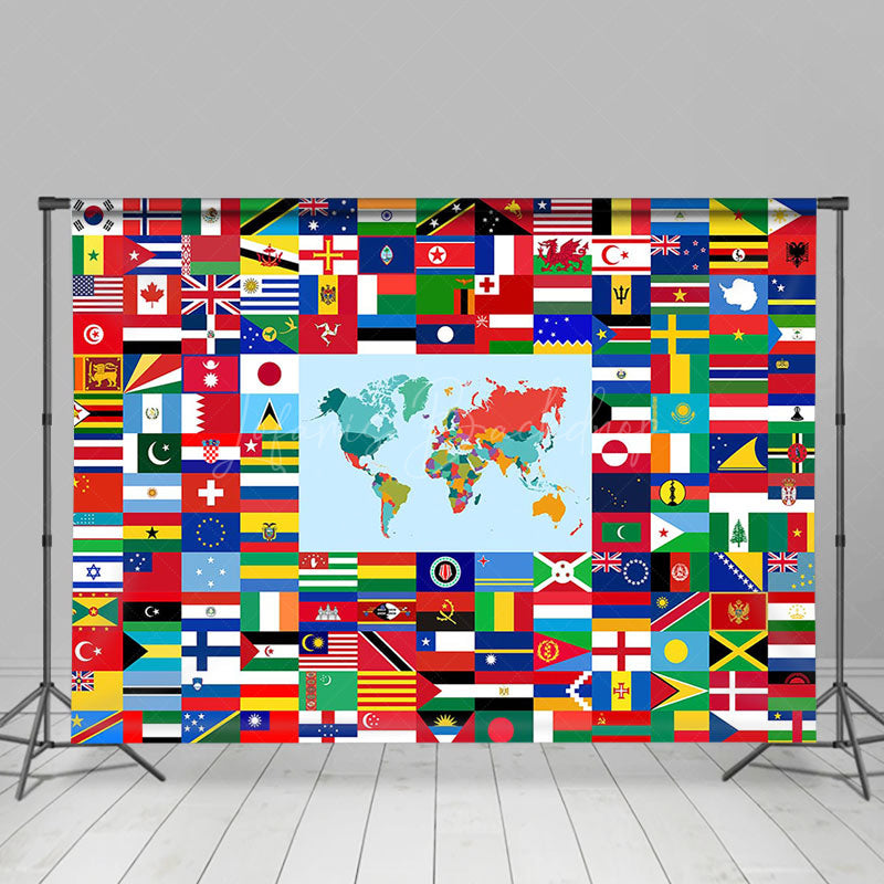 Lofaris Colorful Country Flag World Map Plaid Party Backdrop