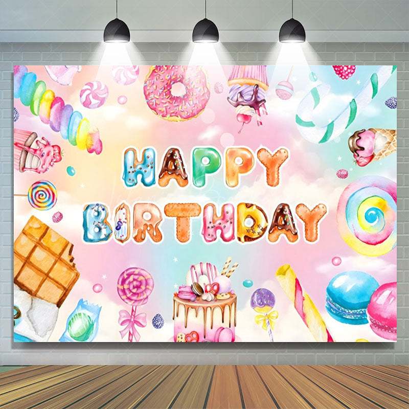 Lofaris Colorful Dessert Macaron Candyland Birthday Backdrop