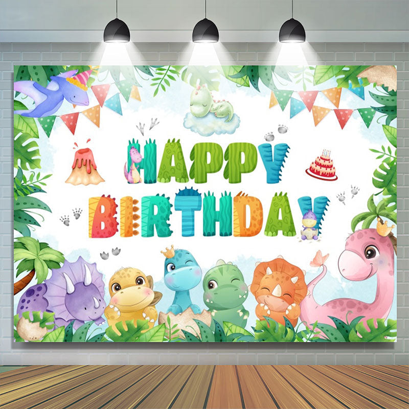 Lofaris Colorful Dinosaur Monstera Cake Birthday Backdrop