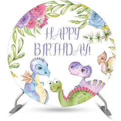 Lofaris Colorful Dinosaurs Floral Round Birthday Backdrop