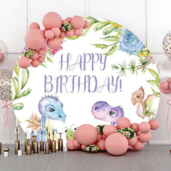 Lofaris Colorful Dinosaurs Floral Round Birthday Backdrop