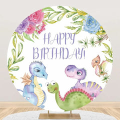 Lofaris Colorful Dinosaurs Floral Round Birthday Backdrop