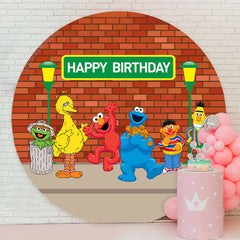 Lofaris Colorful Dolls Red Brick Wall Circle Birthday Backdrop