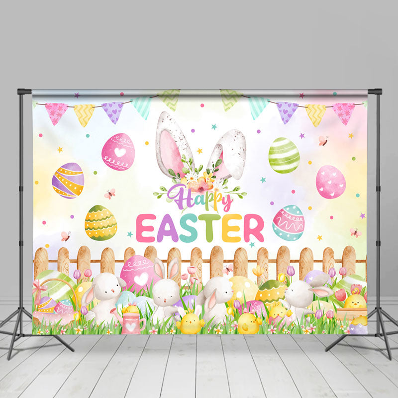 Colorful Eggs Bunny Meadow Happy Easter Backdrop - Lofaris