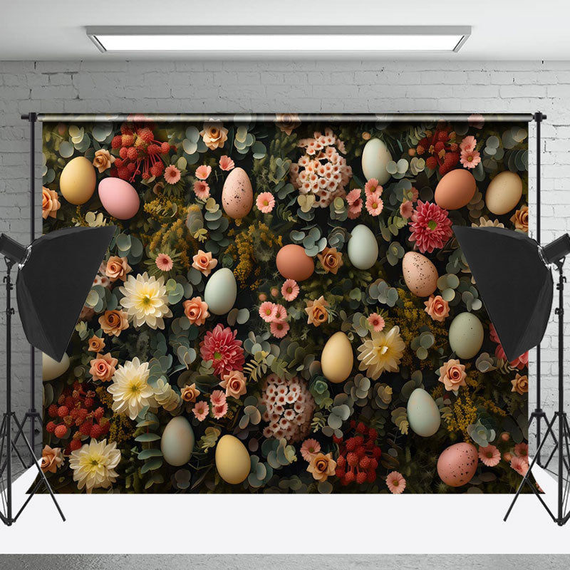 Lofaris Colorful Eggs Flower Leaves Spring Photo Backdrop