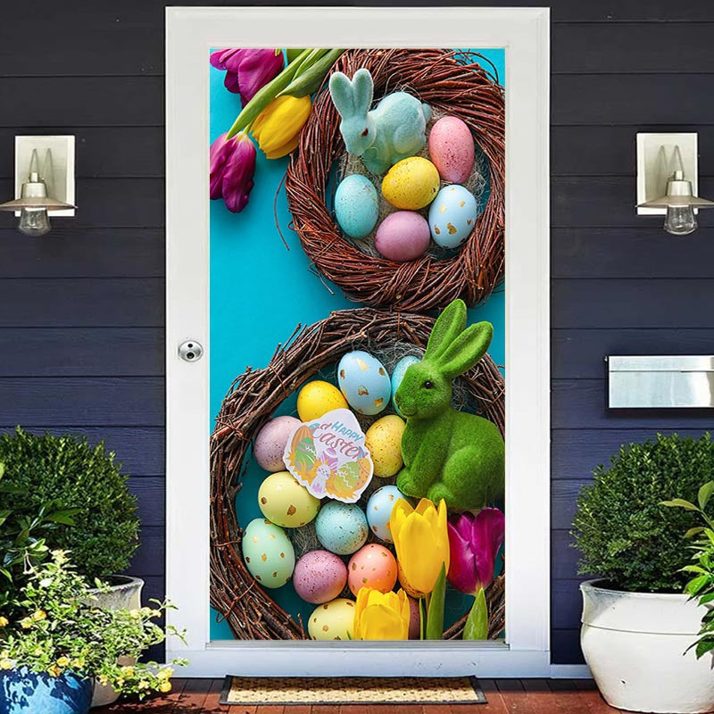 Lofaris Colorful Eggs Rabbit Happy Easter Door Cover