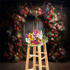 Lofaris Colorful Floral Brown Vintage Door Photo Backdrop