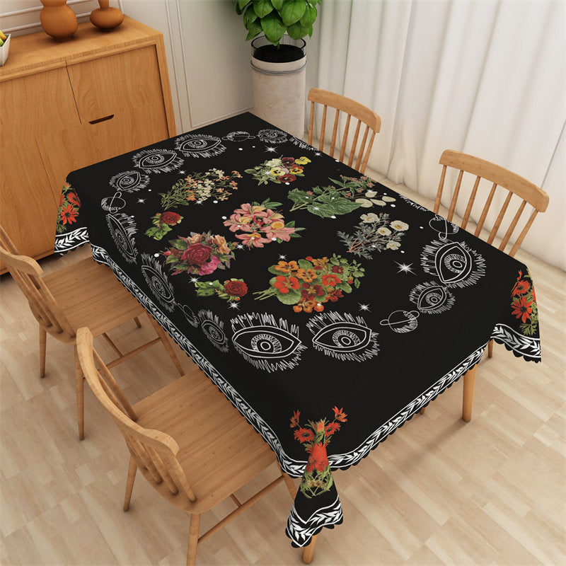 Lofaris Colorful Floral Clusters Eyes Black Kitchen Tablecloth