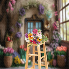 Lofaris Colorful Floral Egg Brown Door Easter Photo Backdrop