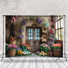 Lofaris Colorful Floral Egg Brown Door Easter Photo Backdrop