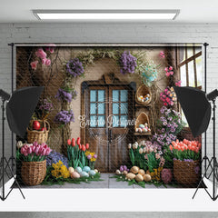 Lofaris Colorful Floral Egg Brown Door Easter Photo Backdrop