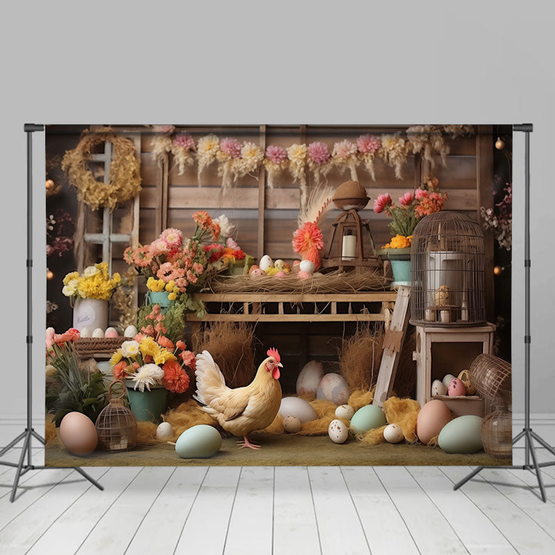 Lofaris Colorful Floral Egg Hen Wooden Shelf Easter Backdrop