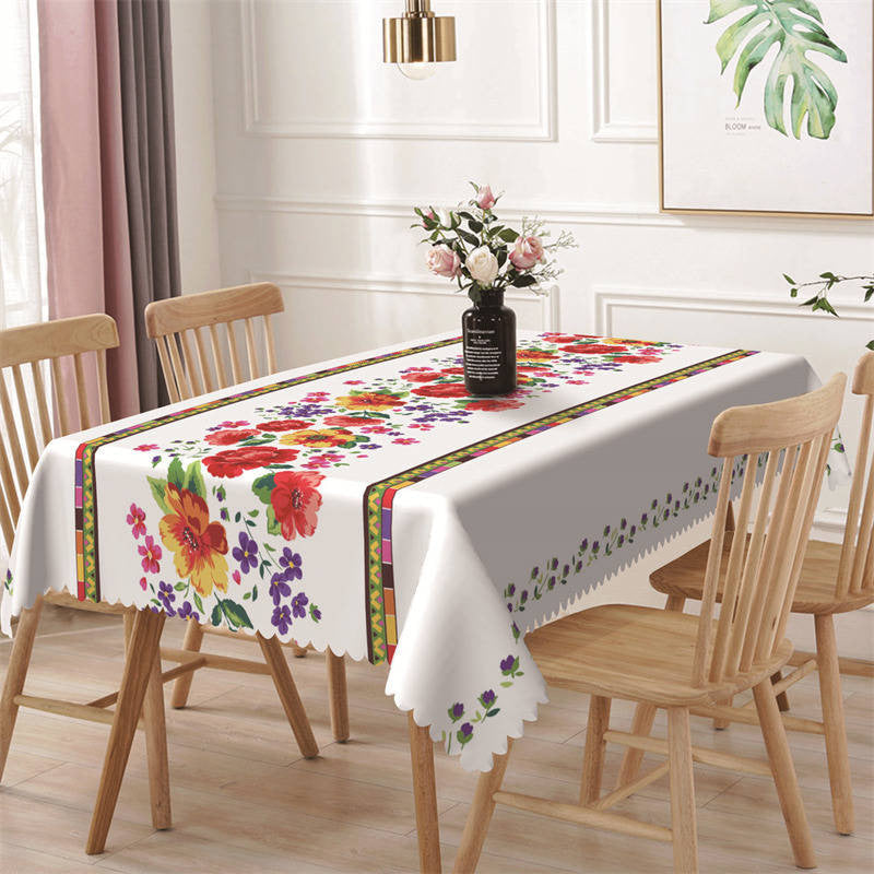 Lofaris Colorful Floral Ethnic White Rectangle Tablecloth