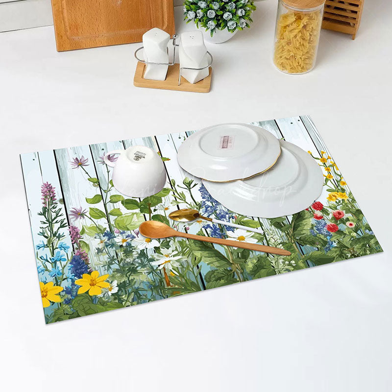 Lofaris Colorful Floral Leaves Grey Wood Set Of 4 Placemats