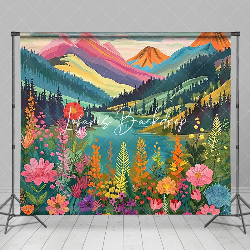 Lofaris Colorful Floral Mountains Natural Scenery Backdrop