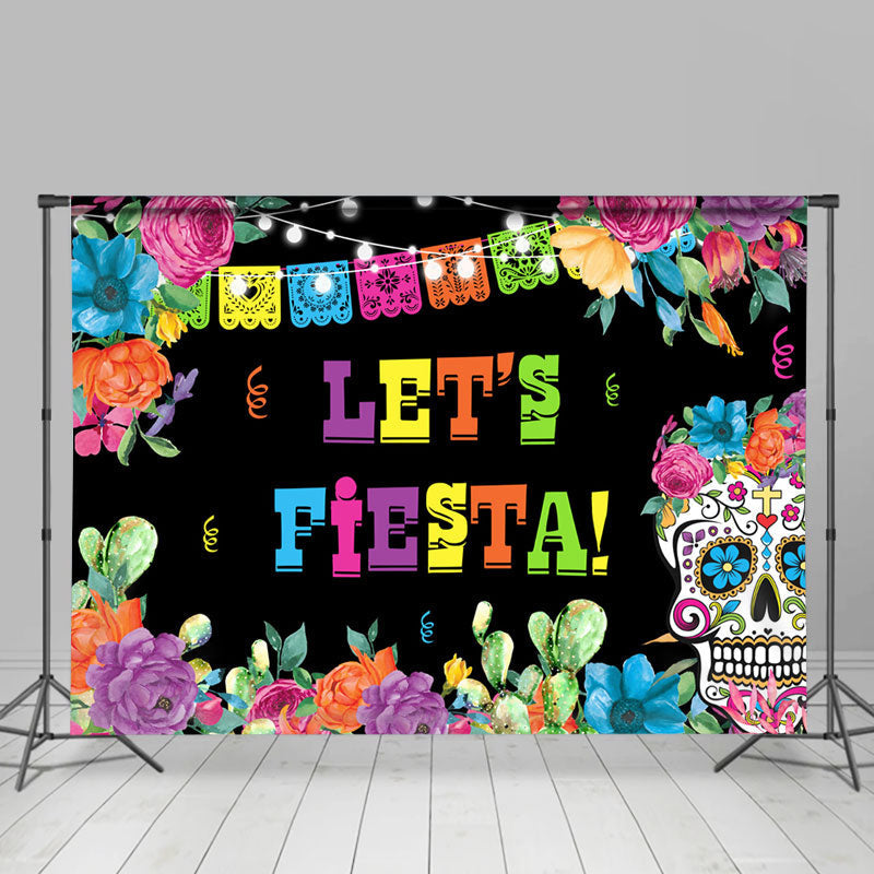 Lofaris Colorful Floral Skull Lets Fiesta Party Backdrop