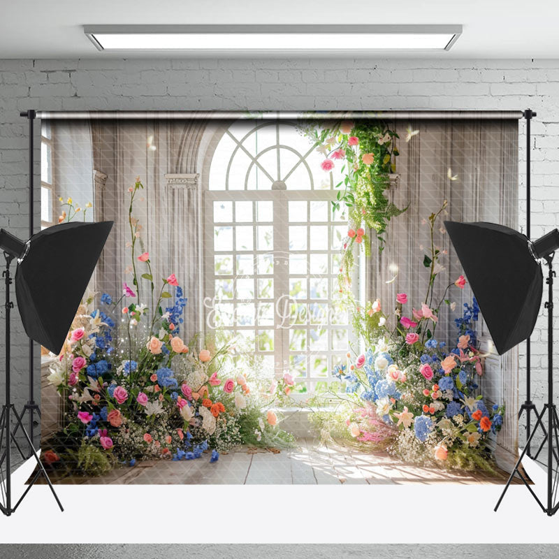 Lofaris Colorful Floral White Retro Window Wedding Backdrop