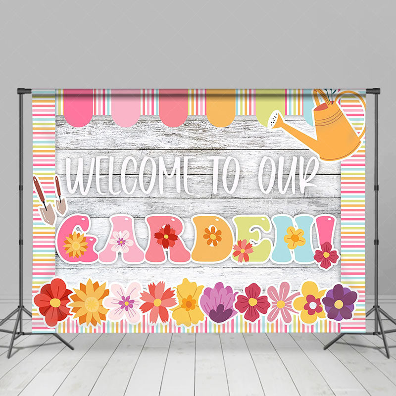 Lofaris Colorful Floral Wooden Welcome To Our Garden Backdrop