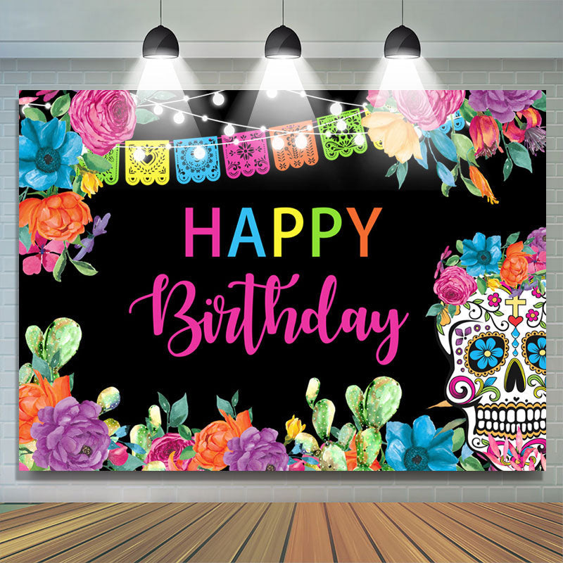 Lofaris Colorful Flower Light Skull Happy Birthday Backdrop