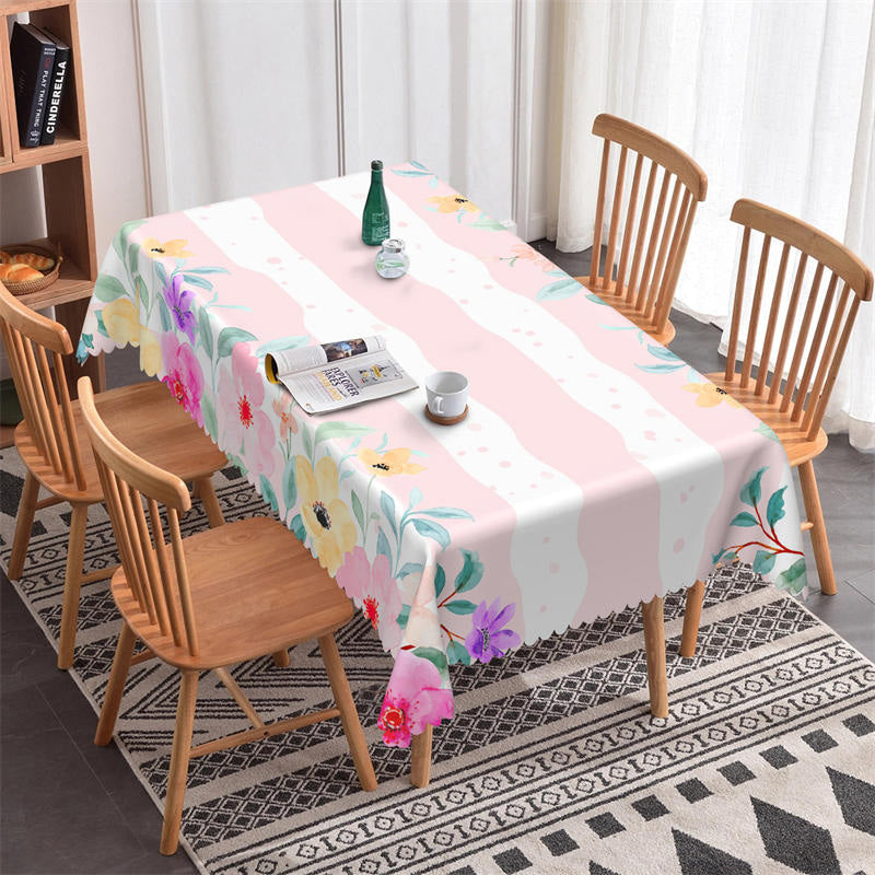 Lofaris Colorful Flower Pink Wave Stripe Kitchen Tablecloth