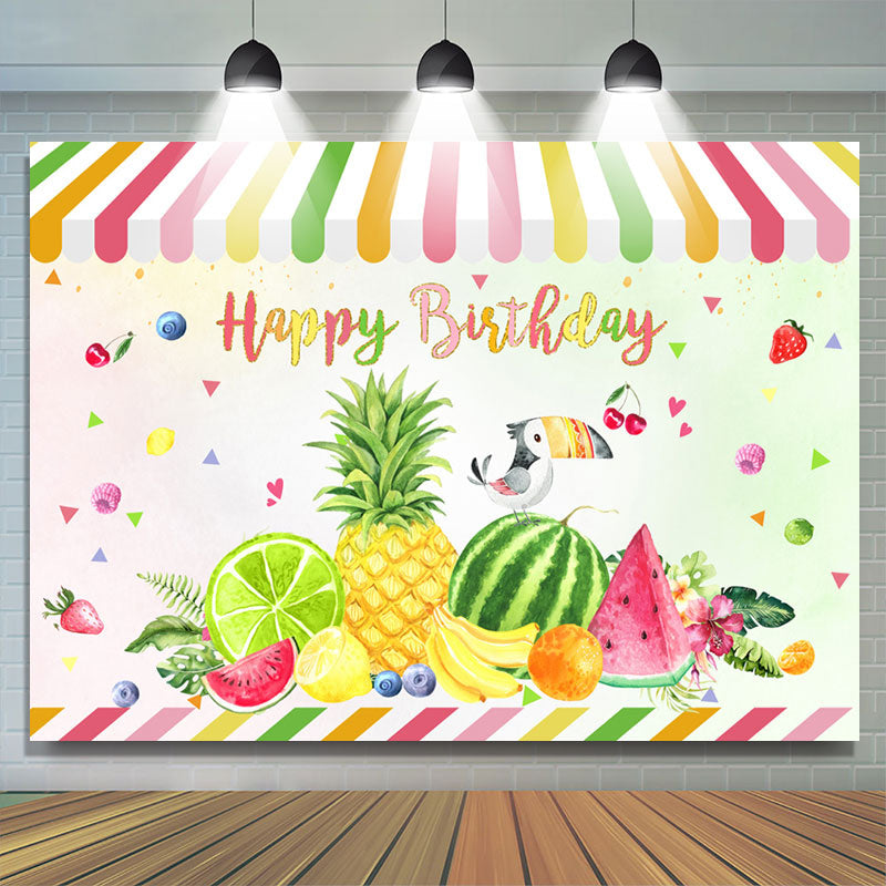 Lofaris Colorful Fruit Shop Parrot Happy Birthday Backdrop