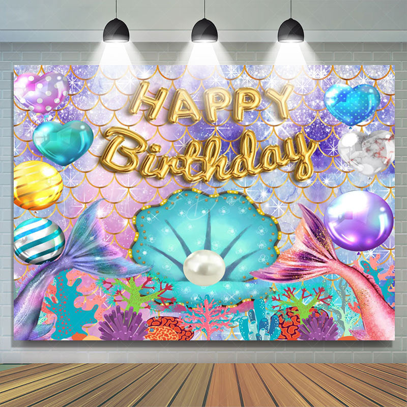 Lofaris Colorful Glitter Mermaid Balloons Birthday Backdrop