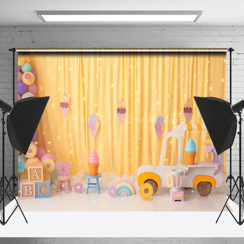 Lofaris Colorful Ice Cream Gold Curtain Cake Smash Backdrop