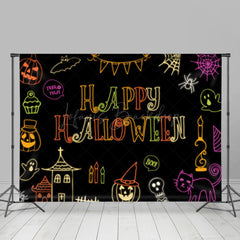 Lofaris Colorful Neon Ghosts Black Happy Halloween Backdrop