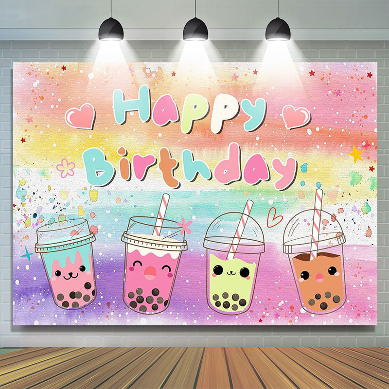 Lofaris Colorful Oli Painting Cute Milktea Birthday Backdrop