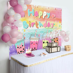 Lofaris Colorful Oli Painting Cute Milktea Birthday Backdrop