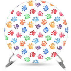 Lofaris Colorful Pet Footprint White Round Birthday Backdrop